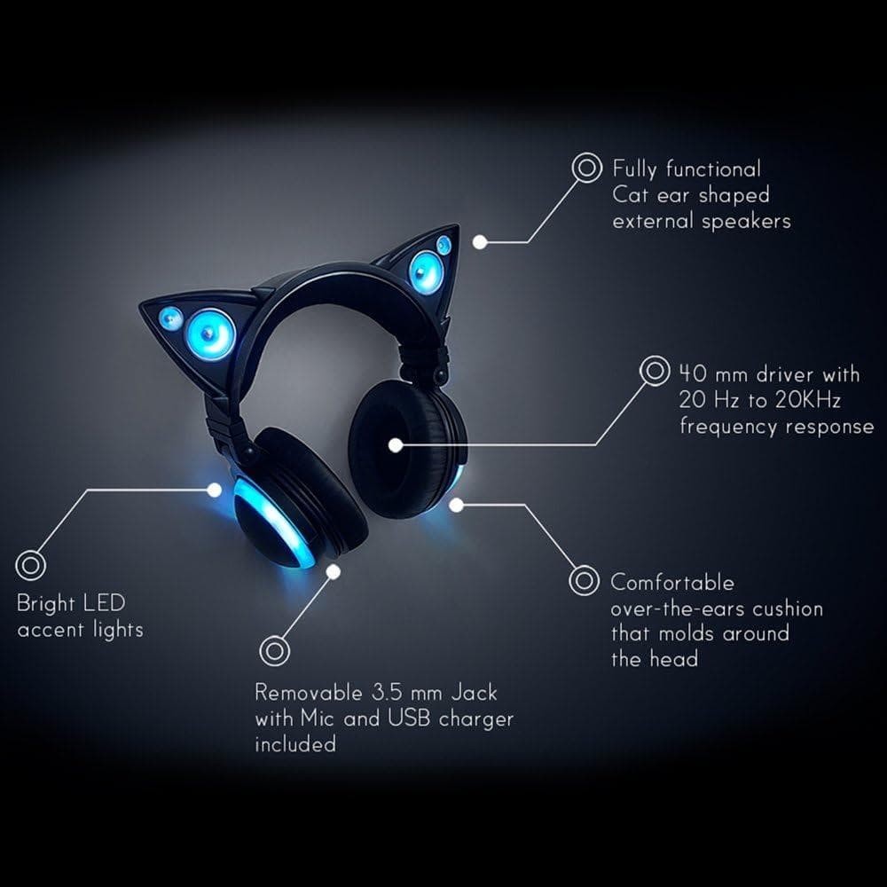 AXENT WEAR Brookstone Cat Ear Headphones with LED Speakers Blue Black w/box O66