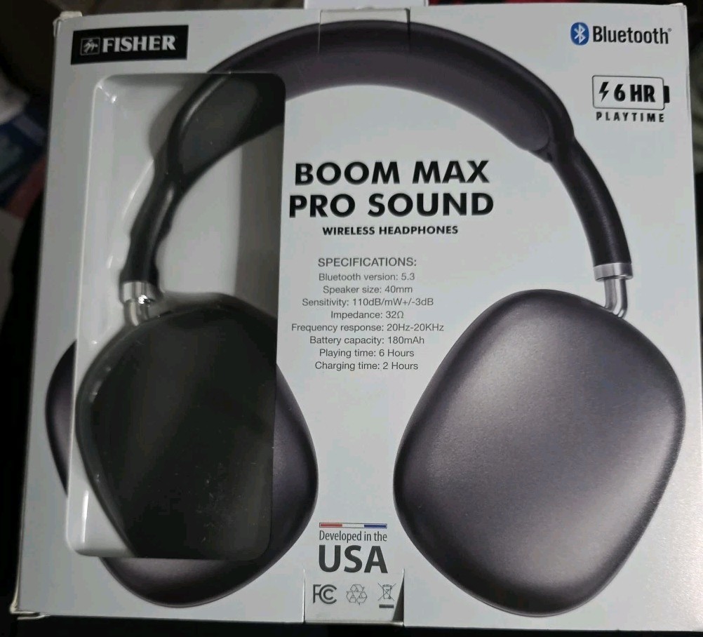 Fisher Boom Max Pro Sound Bluetooth Headphones, Dynamic Sound, Black Nwb