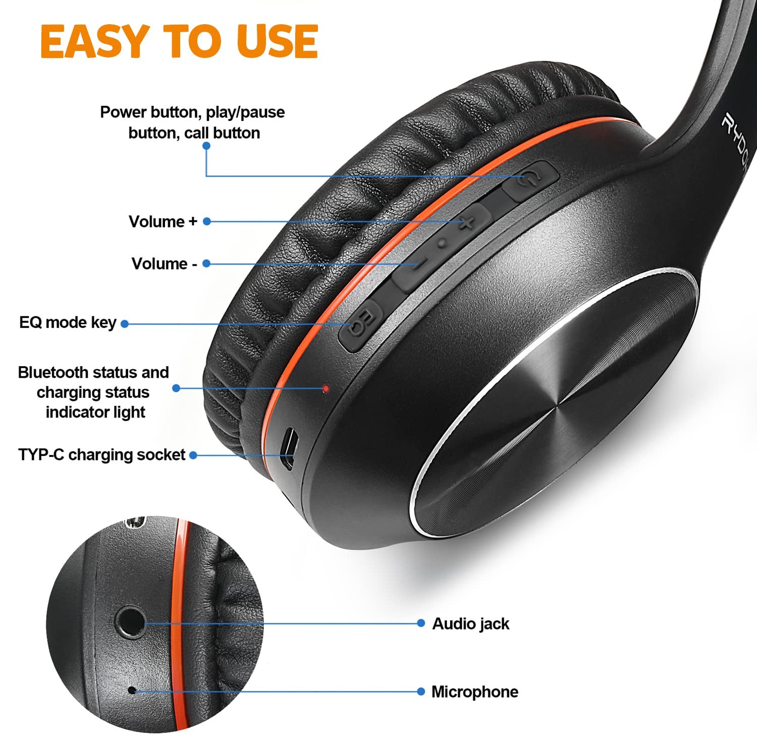Rydohi Bluetooth Headphones Over Ear, 68H Playtime and Black Orange