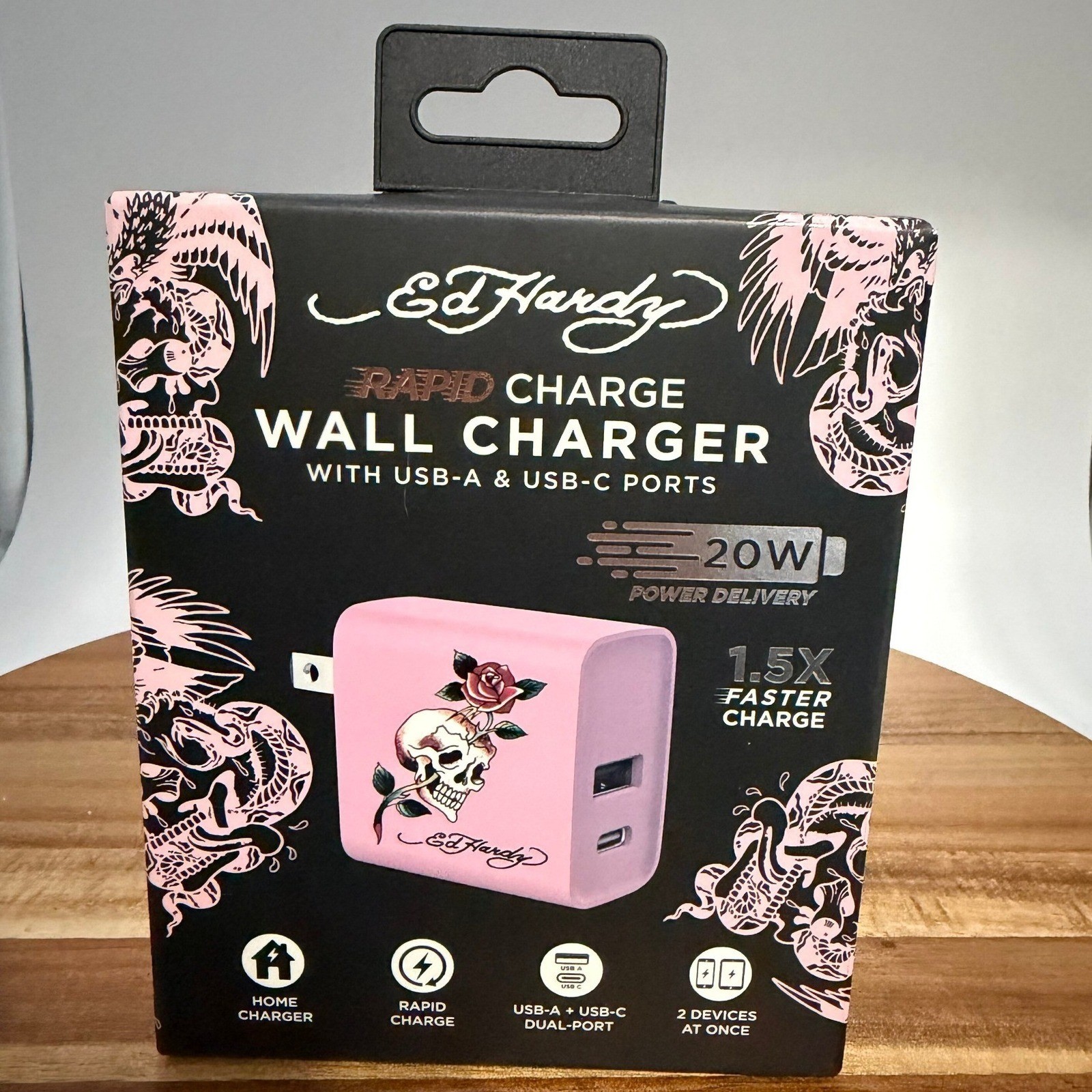 Ed Hardy Pink Wireless Headphones, Earbuds and 20W Wall Charger 3pc Bundle 0695