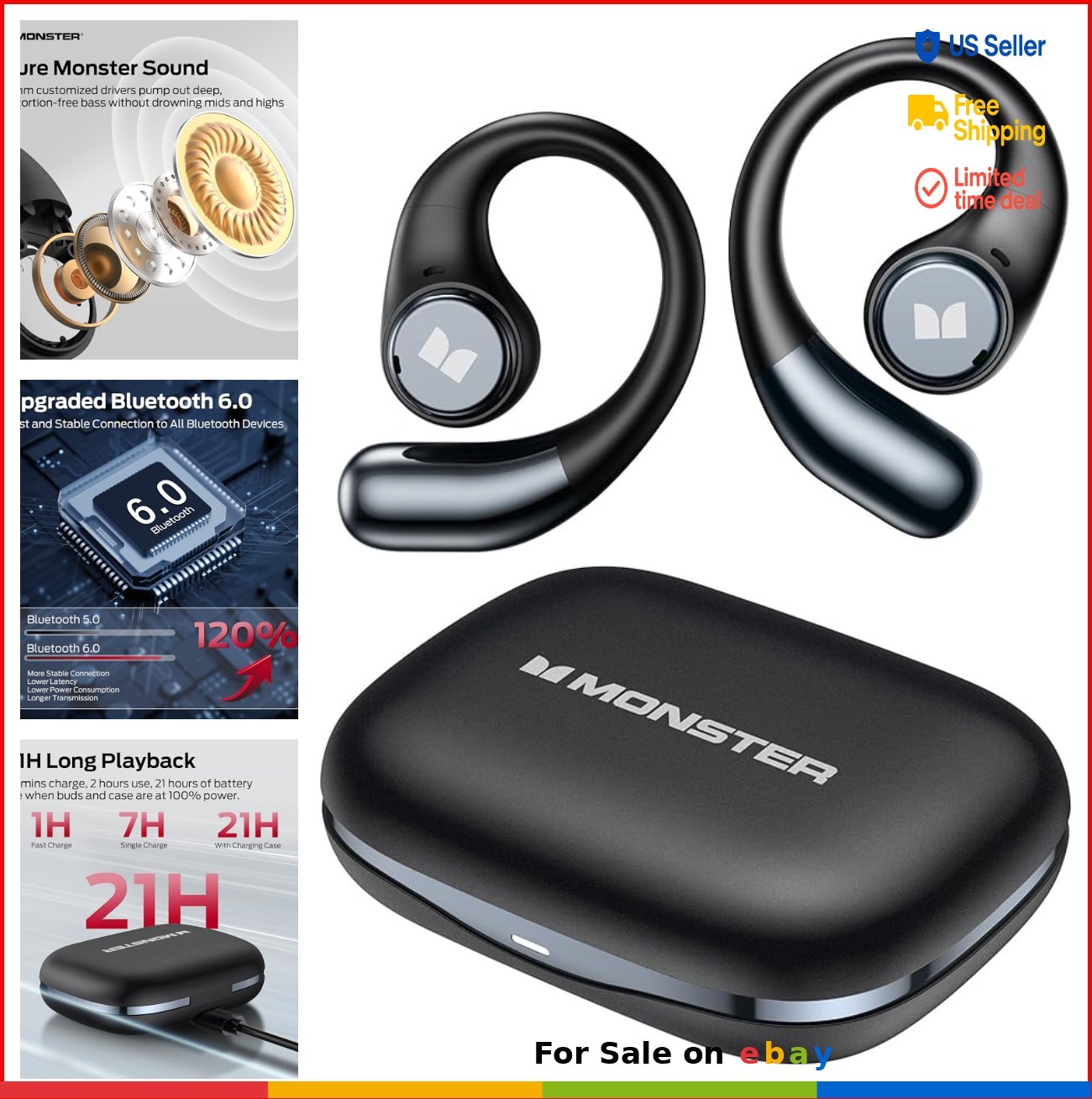Open Ear Bluetooth Headphones 13mm Driver 21H Playtime Type-C IPX6 Sports