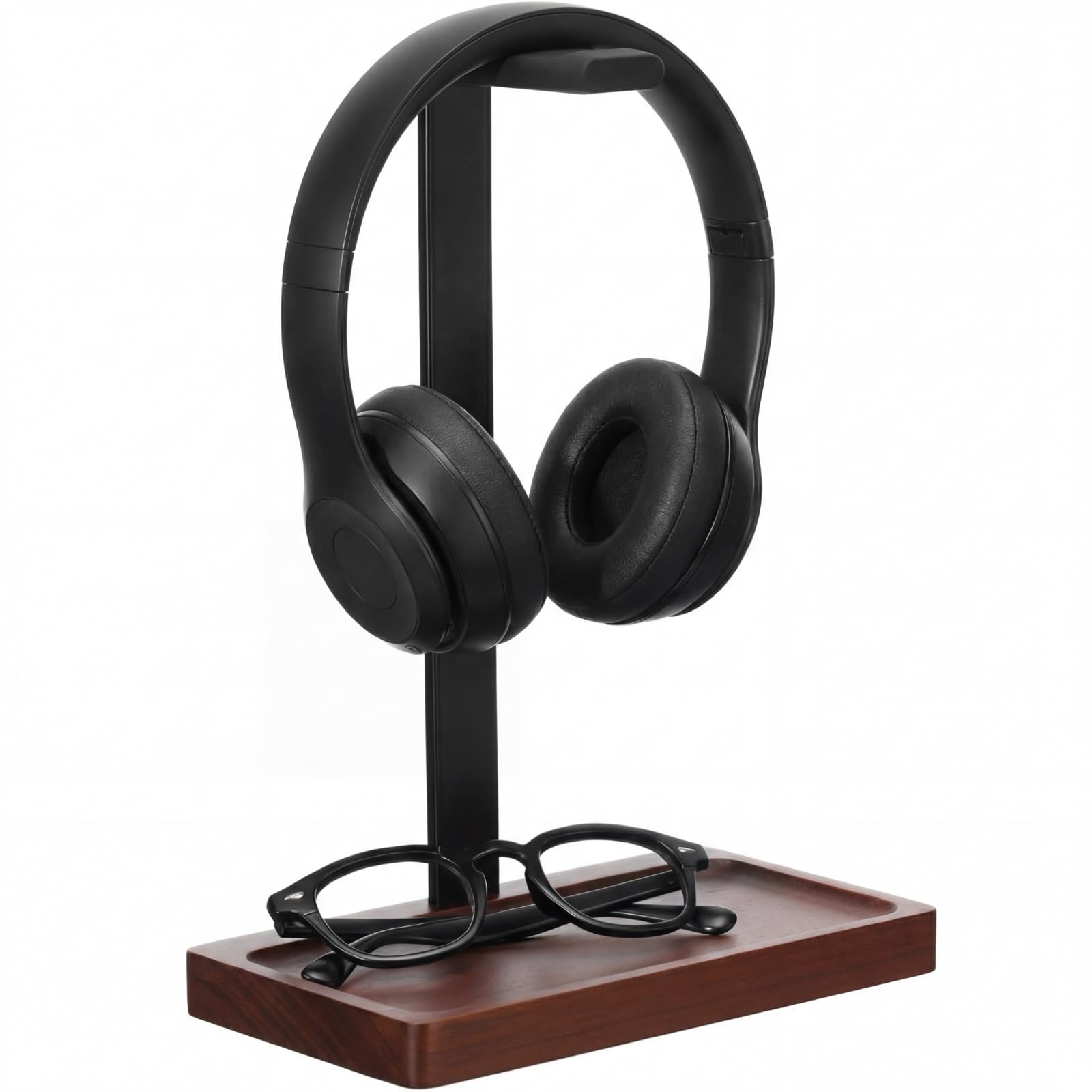 Dark Brown Walnut Wood Headset Holder Desktop Stand With Storage Base Gaming