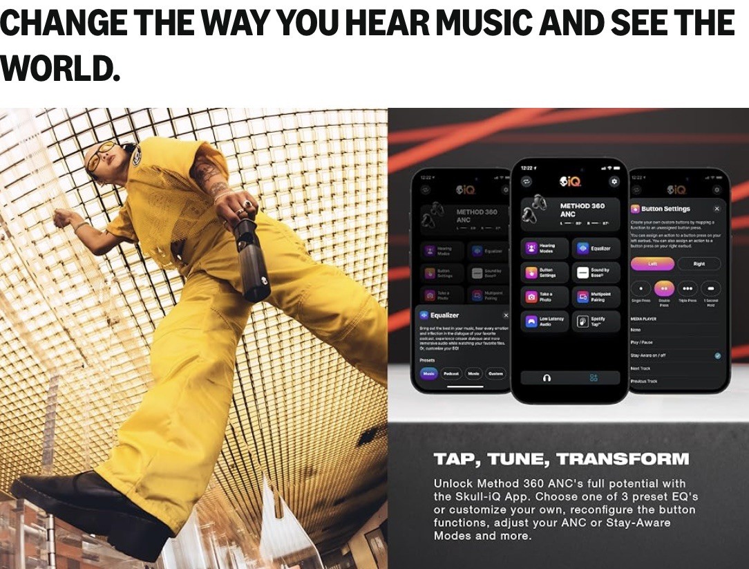 Skullcandy Method 360 ANC Wireless Earbuds, Sound by Bose, Bluetooth Headphones
