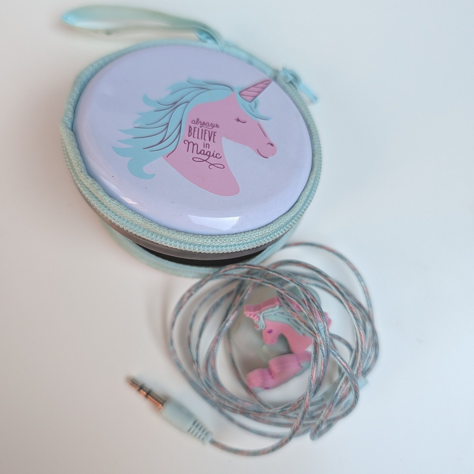 Pink Unicorn Kids Wired Earbuds with Always Believe In Magic Zipper Travel Case