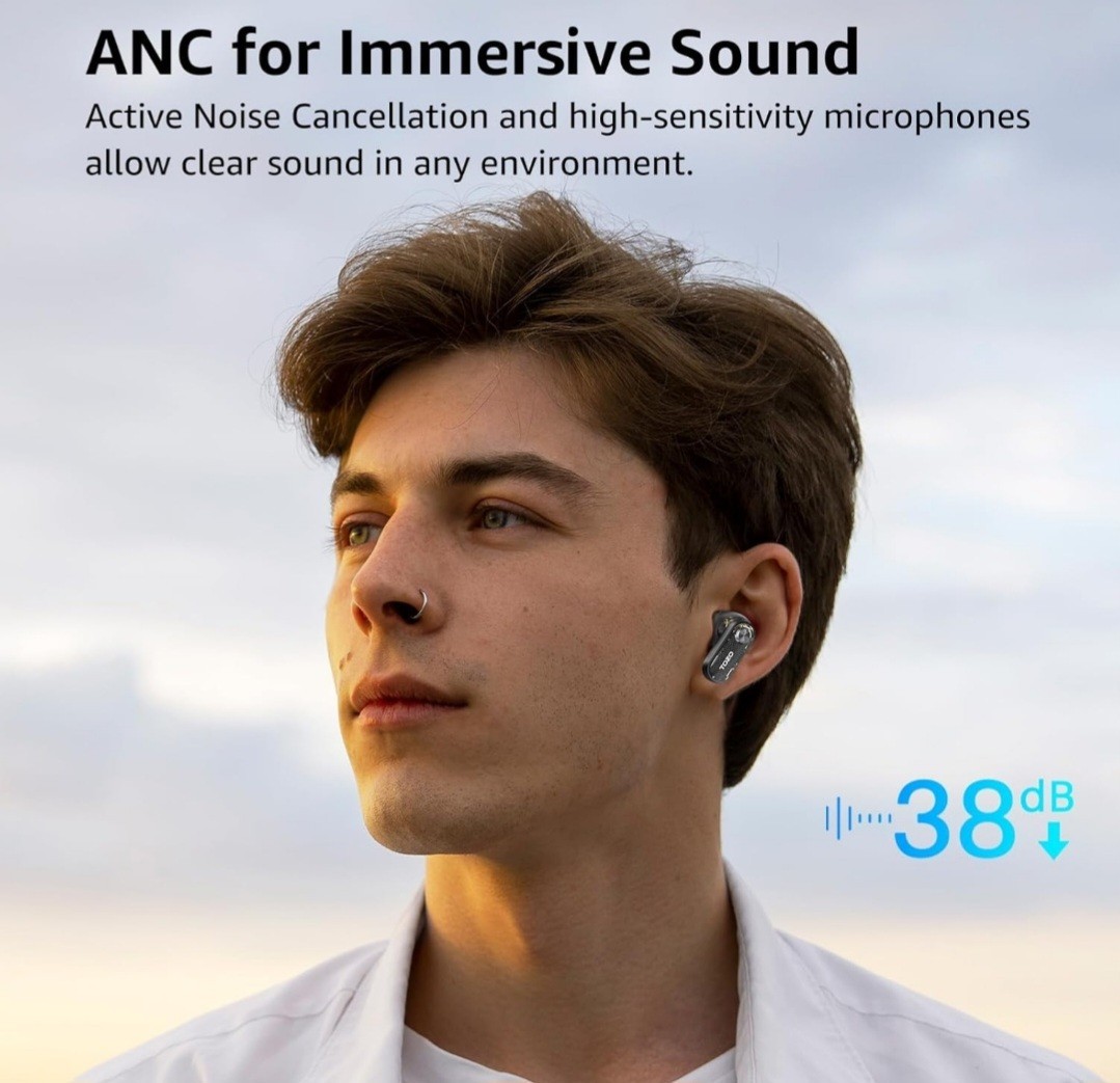 Black Crystal Pods Hybrid Active Noise Cancelling Wireless Earbuds TOZO 10mm Dri