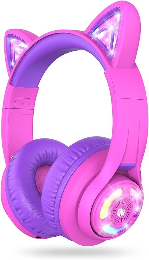 iClever Cat Ear Kids Bluetooth Headphones, LED Lights Up, 74/85Dba Safe Volume