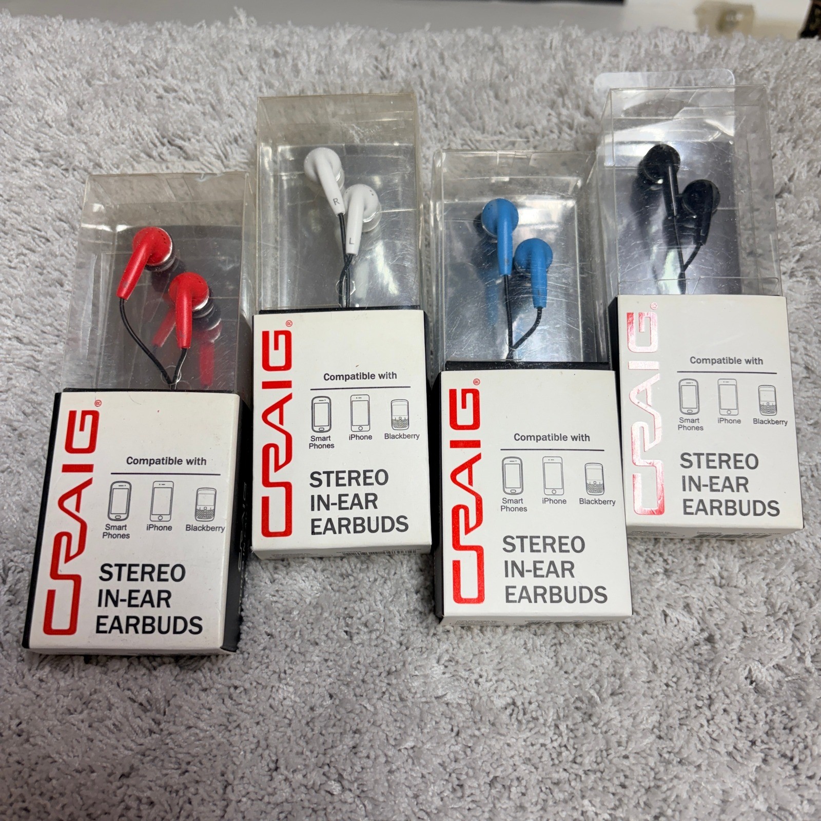Craig Stereo In-Ear Earbuds 4 Pack Multi Color Red White Blue Black CHP4807#
