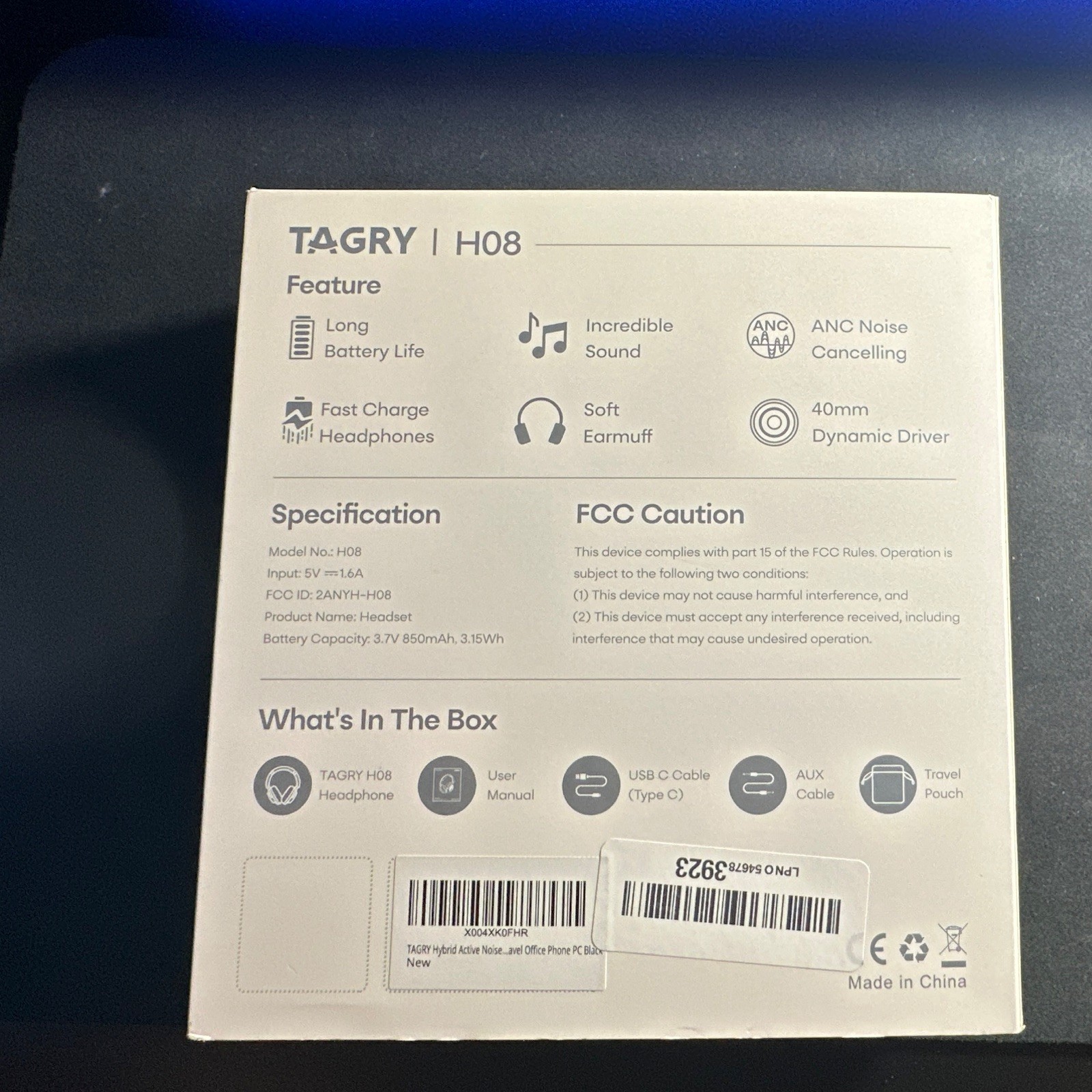 TAGRY H08 ANC Over-Ear Bluetooth Headphones Fast Charge Long Battery White