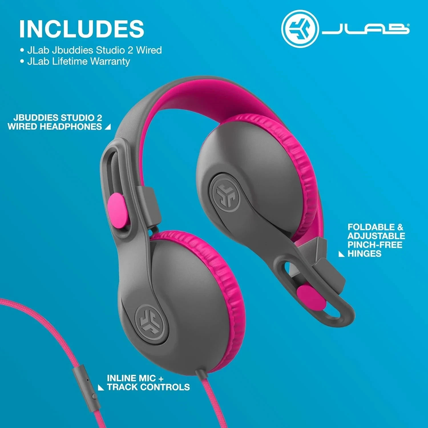 JLab JBuddies Studio 2 Kids Safe Wired Headphones, Volume Limiter, Foldable
