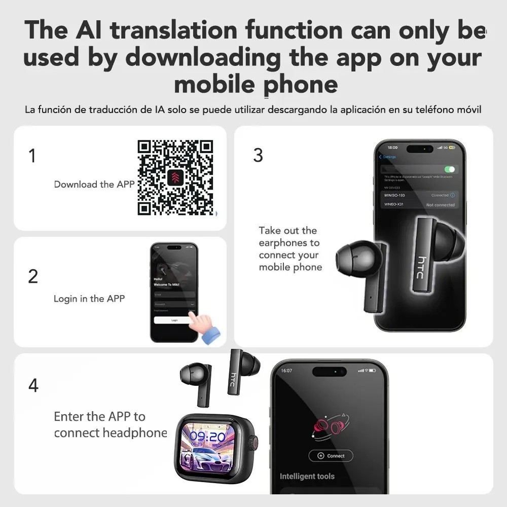 HTC NE20 Bluetooth 6.0 Earphones AI Translator Wireless Earbuds LCD Touch Sport