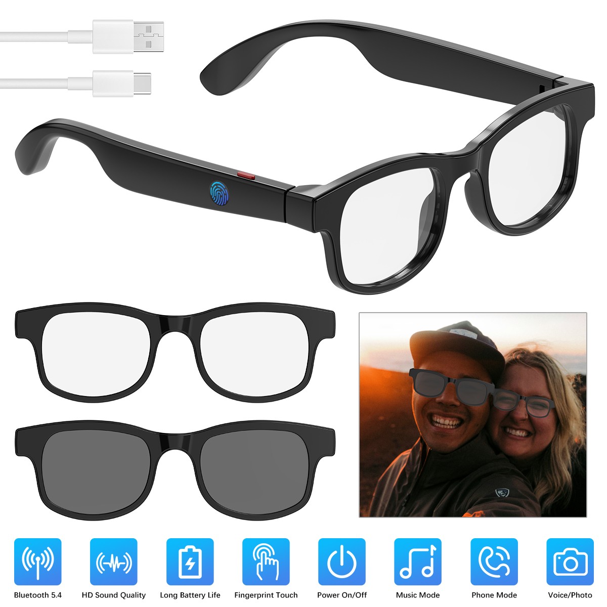 Smart Glasses Headset Wireless Bluetooth 5.4 Sunglasses Sports Earphone Mic Call