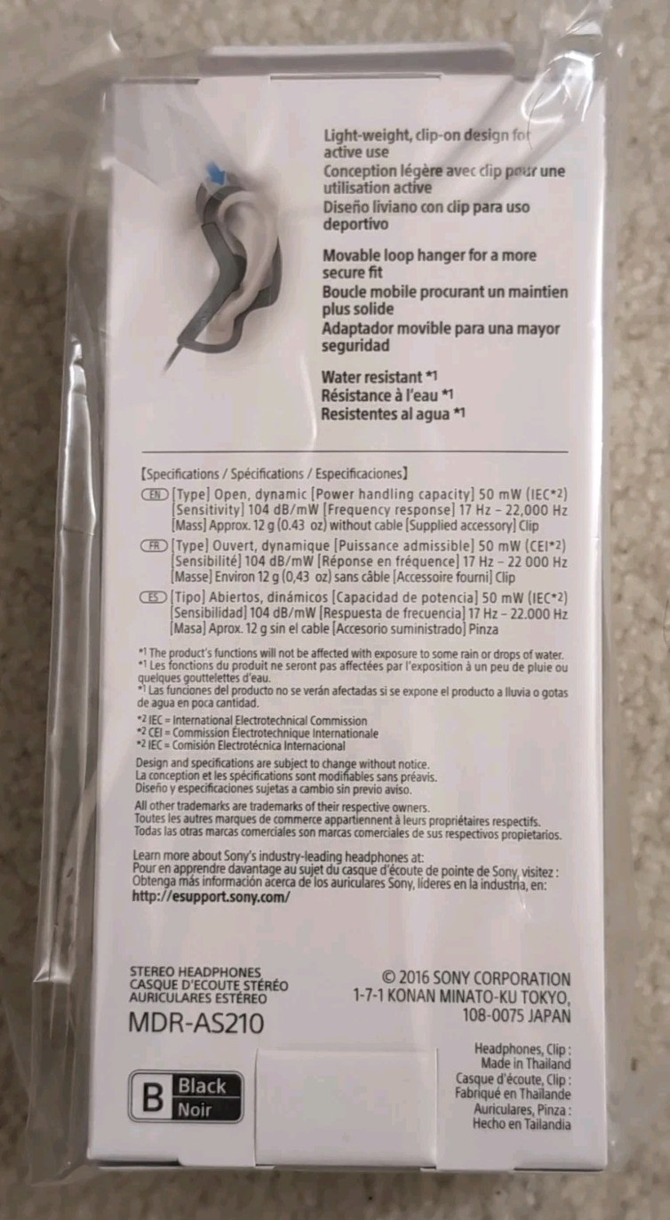 NEW Sony MDR-AS210 Stereo Headphones for Sports – Clip On Design For Active Use