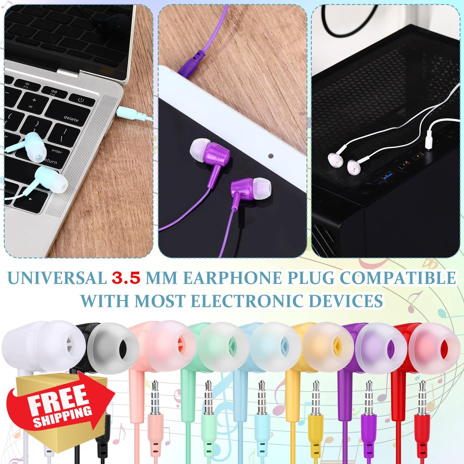 Xinnun 50 Pack Multicolor Earbuds with Mic for Classroom, School, Travel