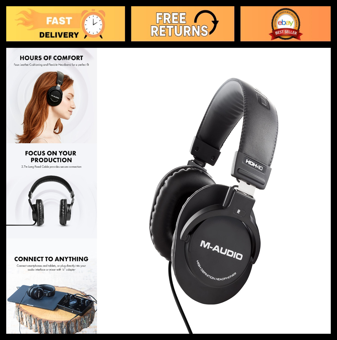 Over Ear Studio Headphones – Closed Back, Flexible Headband, 2.7m Cable for Moni