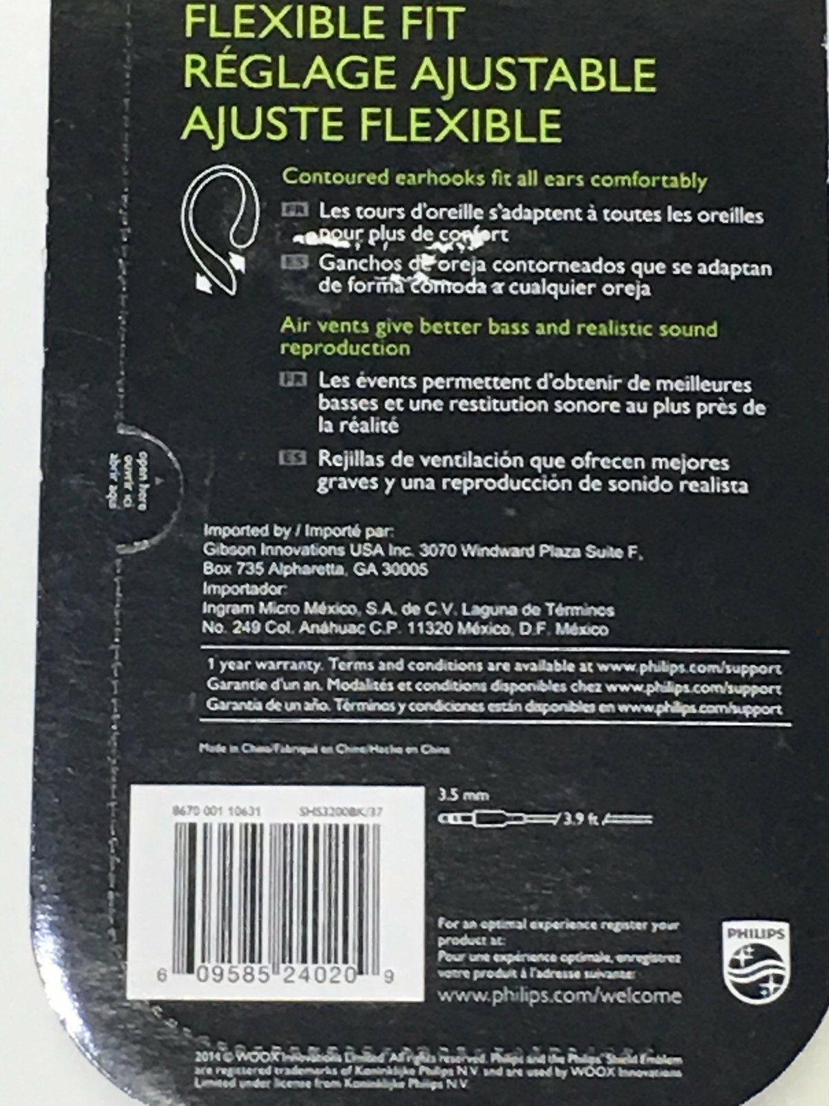 Philips Flexible Fit SHS3200BK/37 Headphones🎧Extra Bass Earhook Black Sport