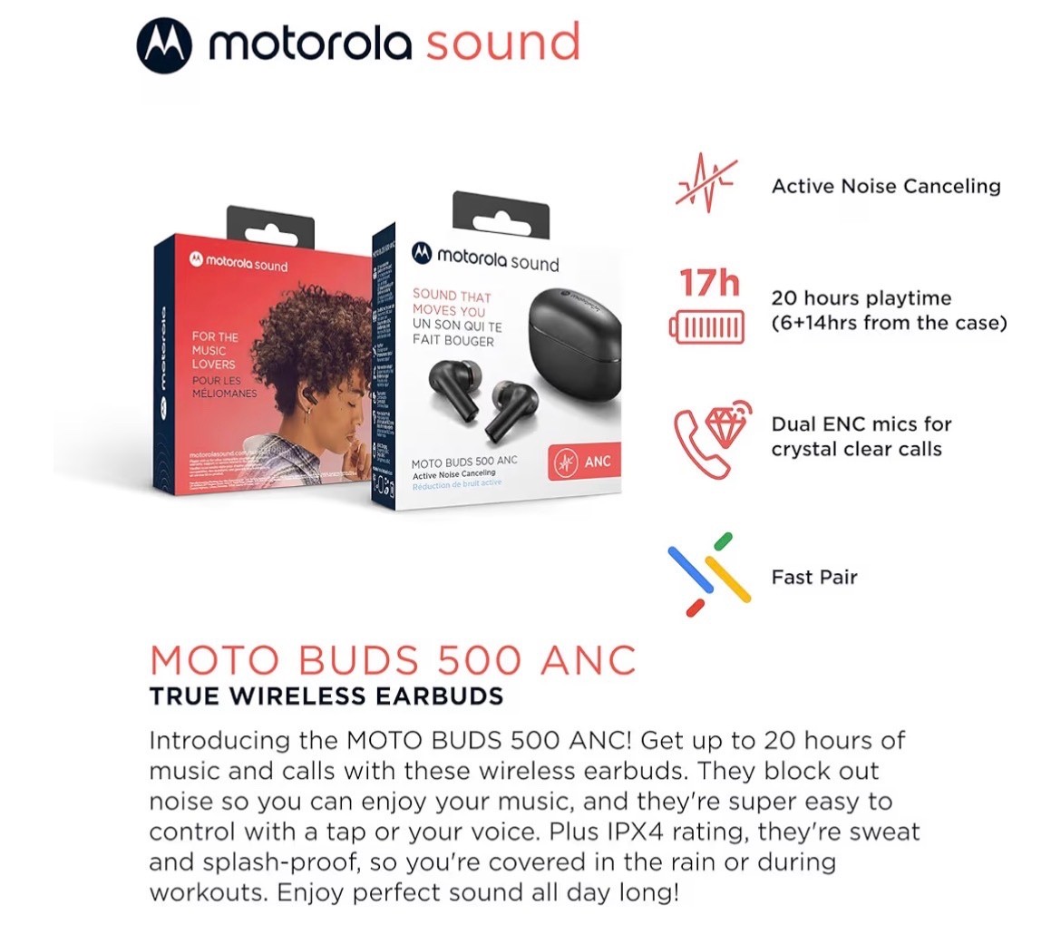 Motorola Sound Moto Buds 500 ANC True Wireless Earbuds, IPX4 Water Resistant Tou