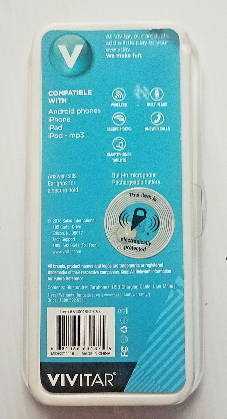 Vivitar Listen Up Bluetooth Earphones Wireless w/ Microphone calls 2 Sets New
