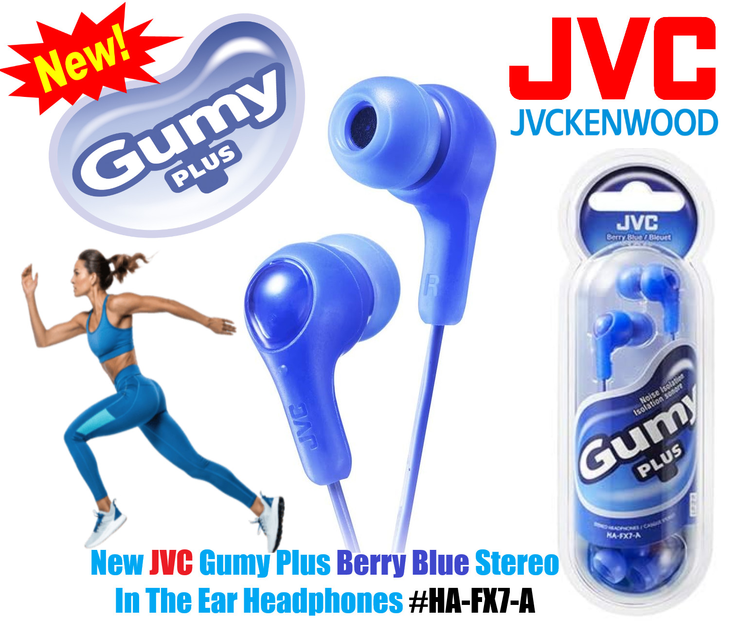 New JVC Gumy Plus Berry Blue Stereo In The Ear Headphones #HA-FX7-A