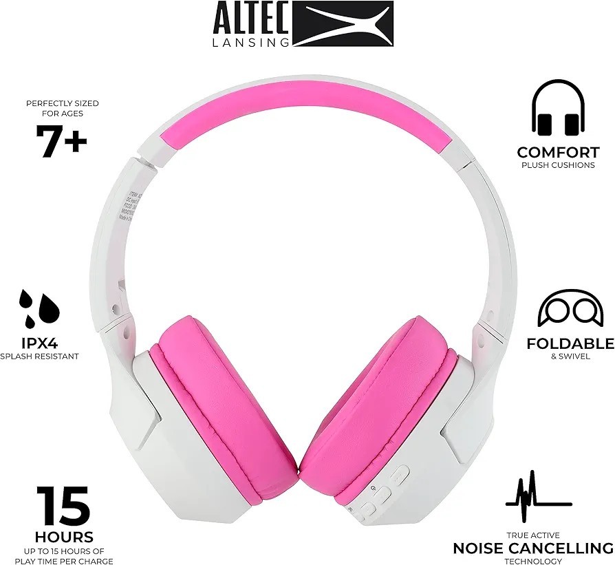 Altec Lansing 2-In-1 Active Noise Canceling Kid Safe Headphones Pink New