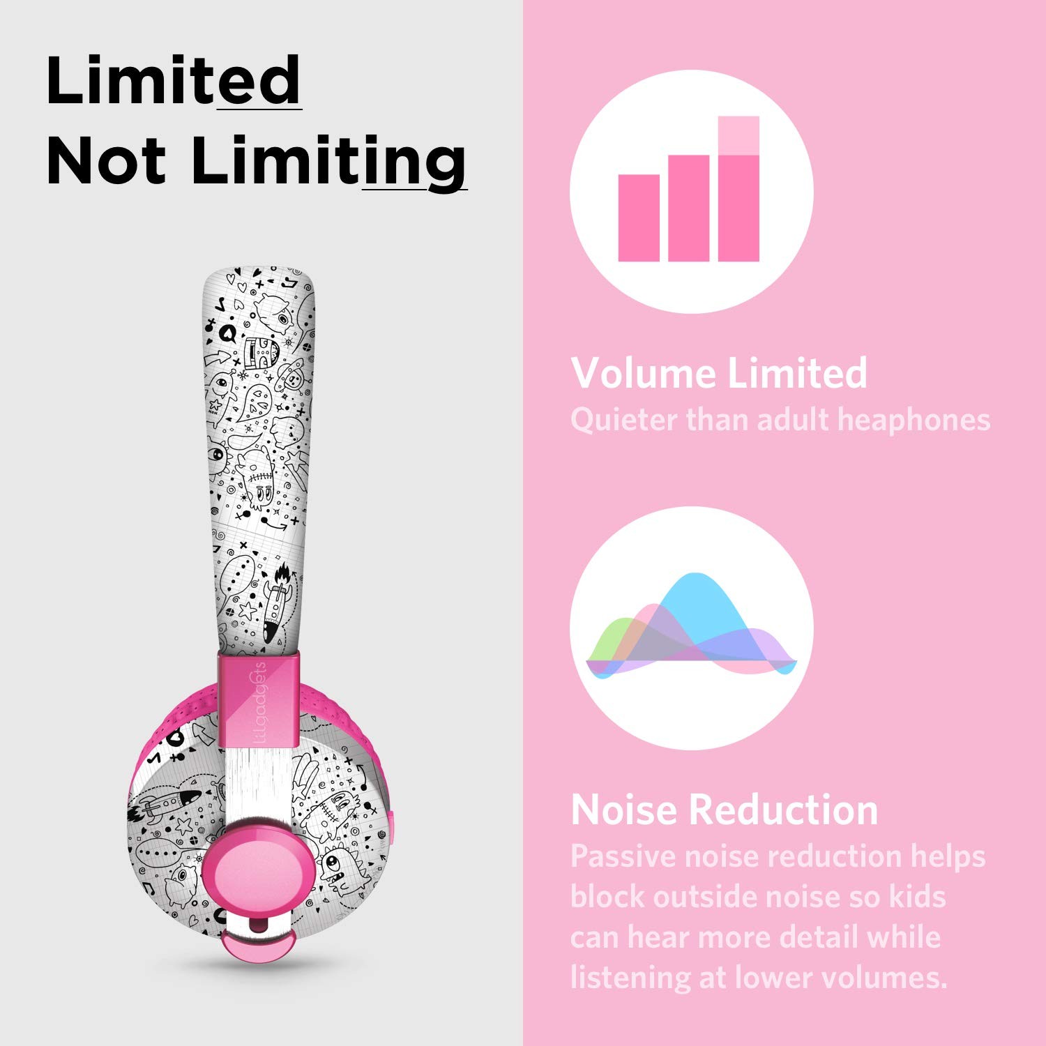 LilGadgets Kids Headphones for School – Ages 4+, 4 Years +, Far Out Doodles
