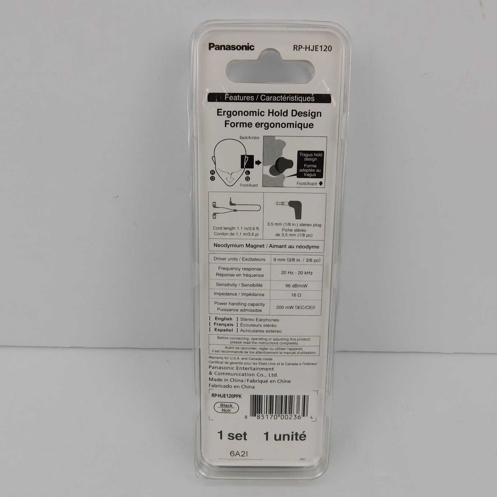 Panasonic RP-HJE120 ErgoFit Earbud Headphones Ergonomic Hold Design Black NEW