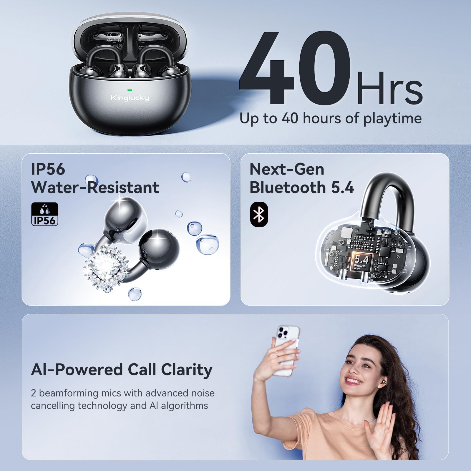 Jewelry-Inspired Clip-On Earbuds with Diamond Earrings, Comfortable Fit & 40H…