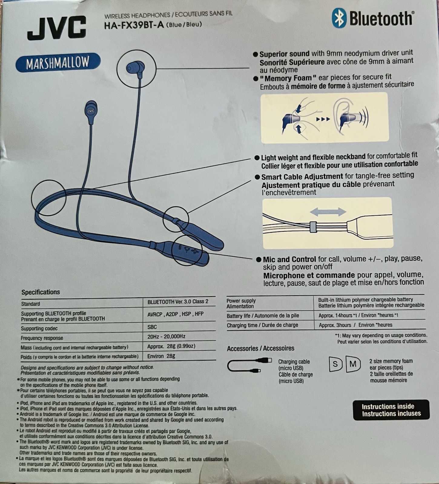 JVC Marshmallow Wireless Bluetooth Earbuds HA-FX39BT-A Blue