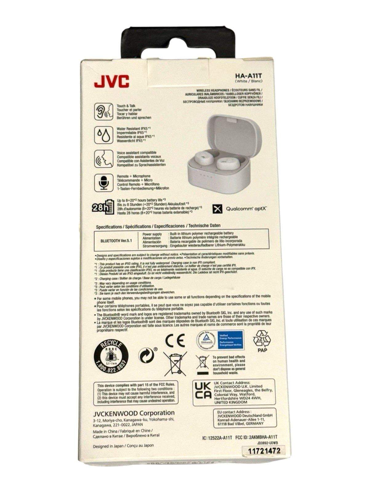 JVC Marshmallow True Wireless (HA-A11T) Bluetooth Headphones – White