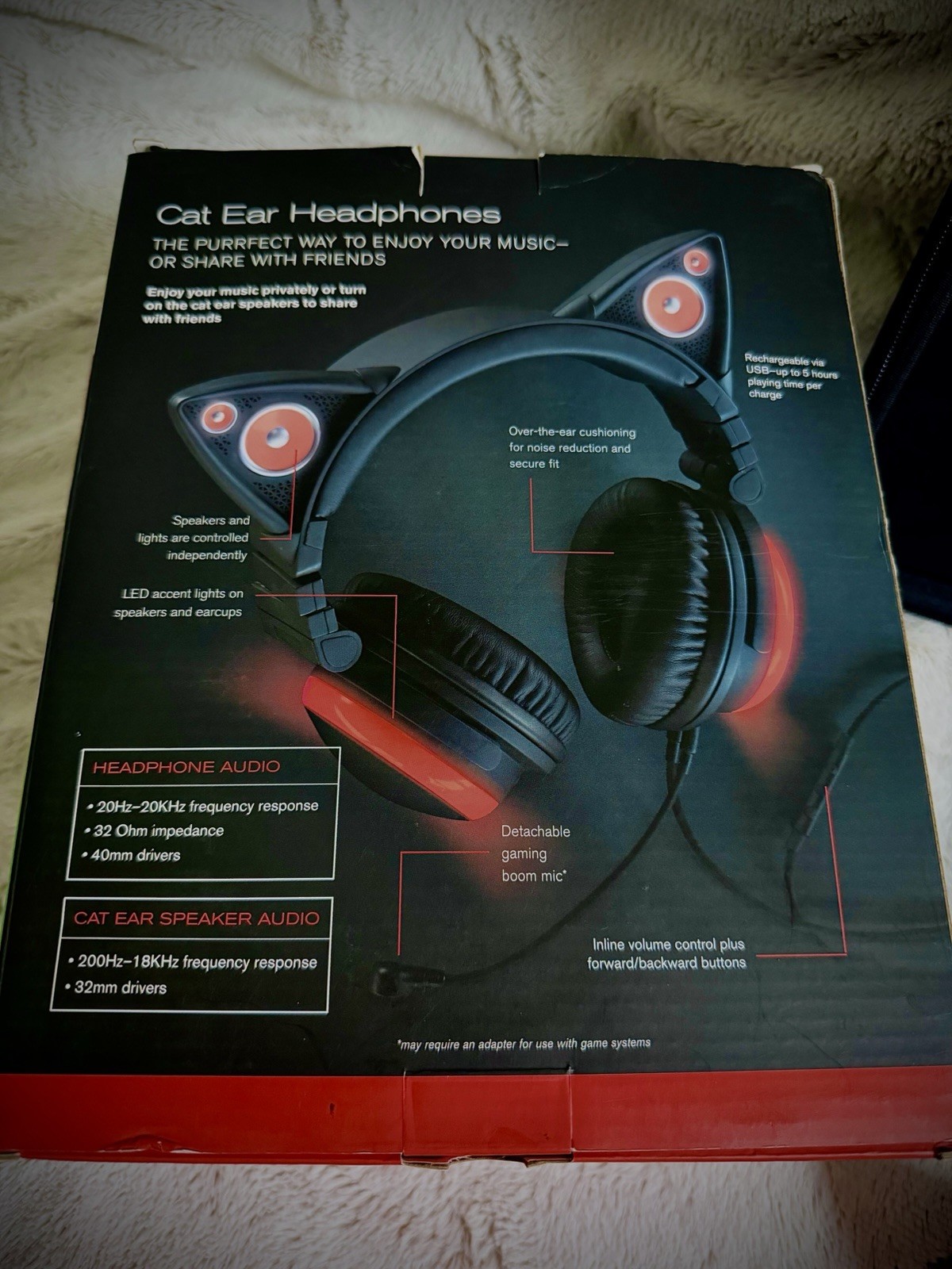 Brookstone Cat Headphones Light Up Red with Original Box Tested Works Open Box