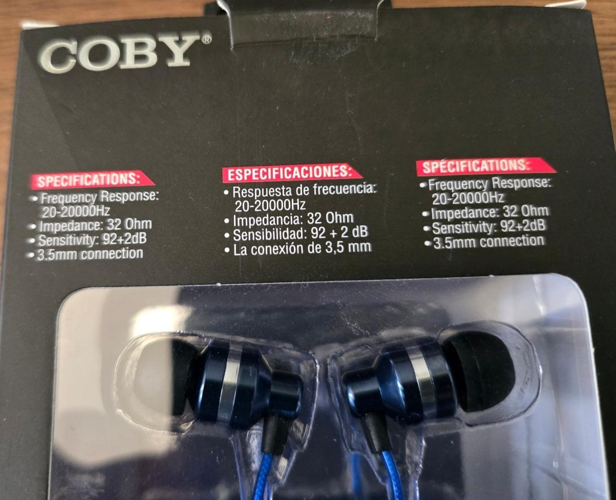 COBY HY6RID Metal Stereo Wired Earbuds 3.5mm Jack Mic Volume Control Blue New