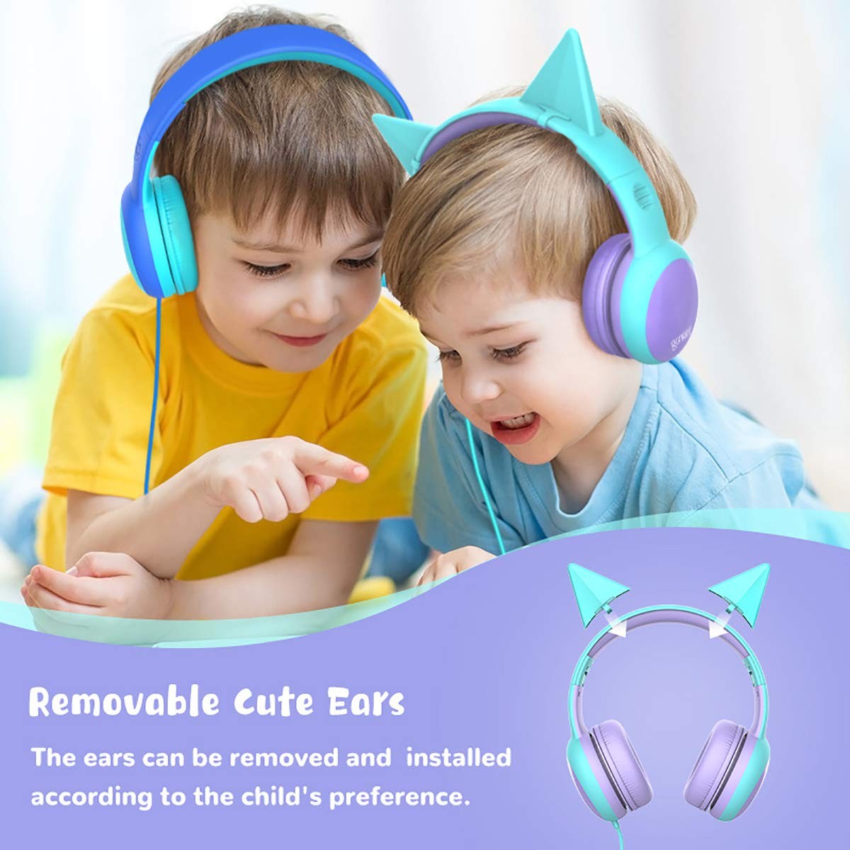 Kids Headphones with Limited Volume, Cat Ear Toddler Headphones, Wired Headph…