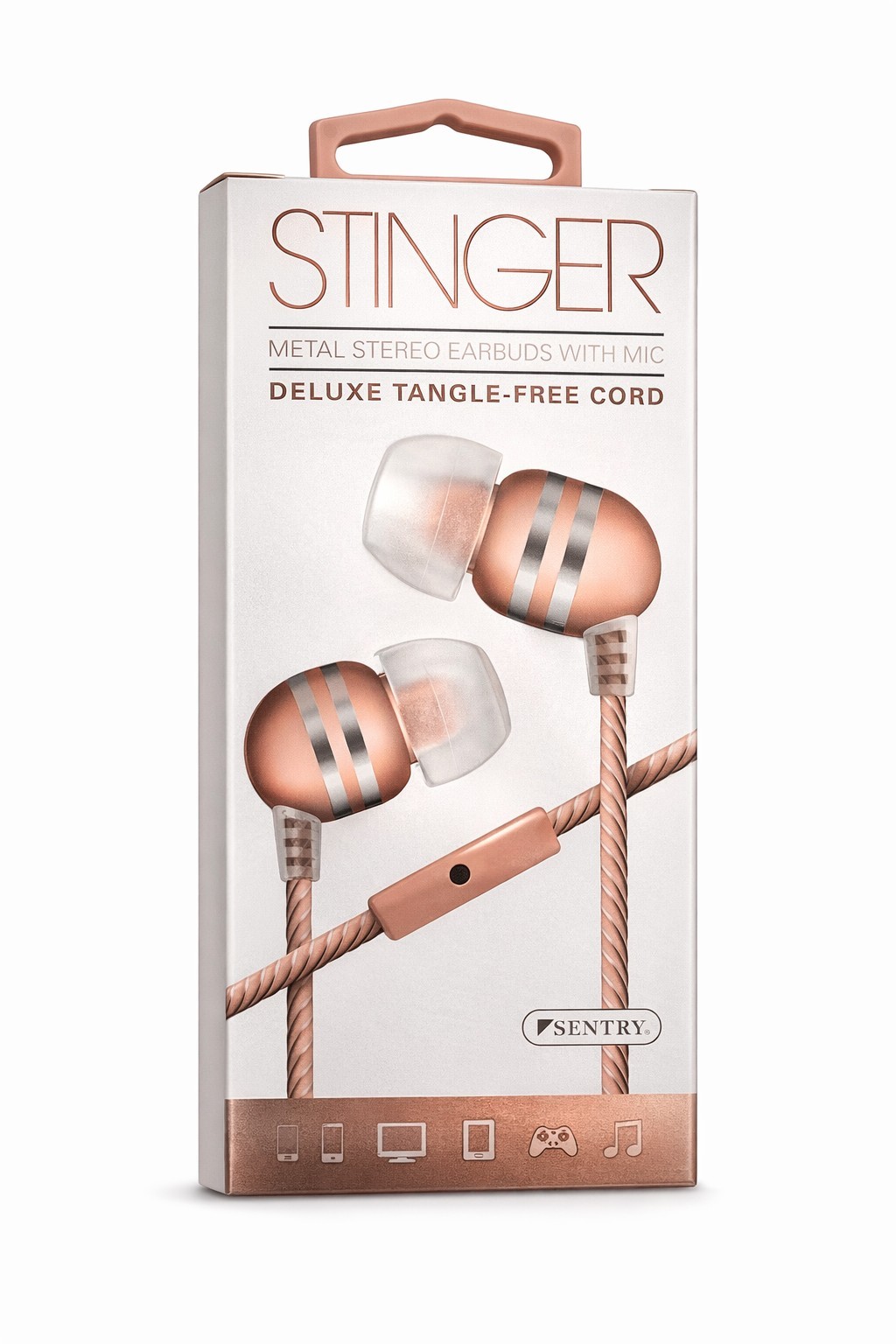 Stinger Metal Earbuds w/Mic 3.5mm Wired Headphones Tangle-Free Rose Gold