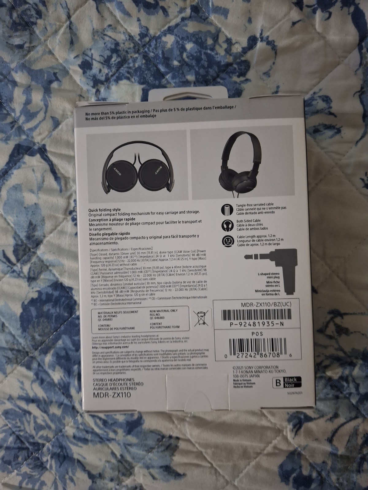 Sony MDR-ZX110 Wired On-Ear Headphones Black Foldable Noise Isolating 1.2m