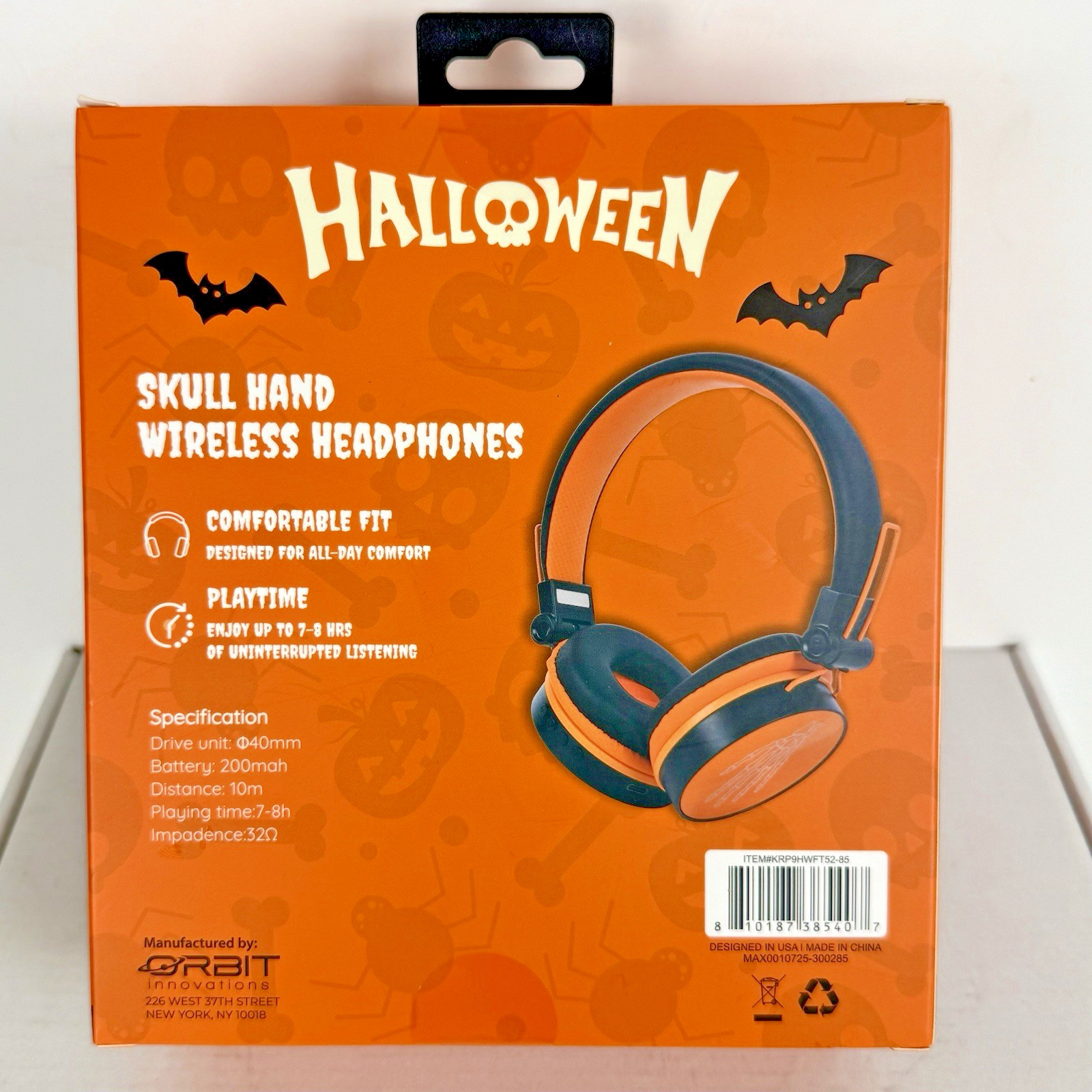 Skull Hand Wireless Headphones Halloween Orange Black – New Sealed Orbit