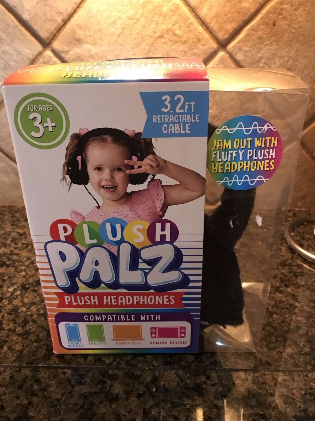 Plush Travel Palz Plush Headphones Black Cat Kids 3+ 3.2 ft Retractable Cable
