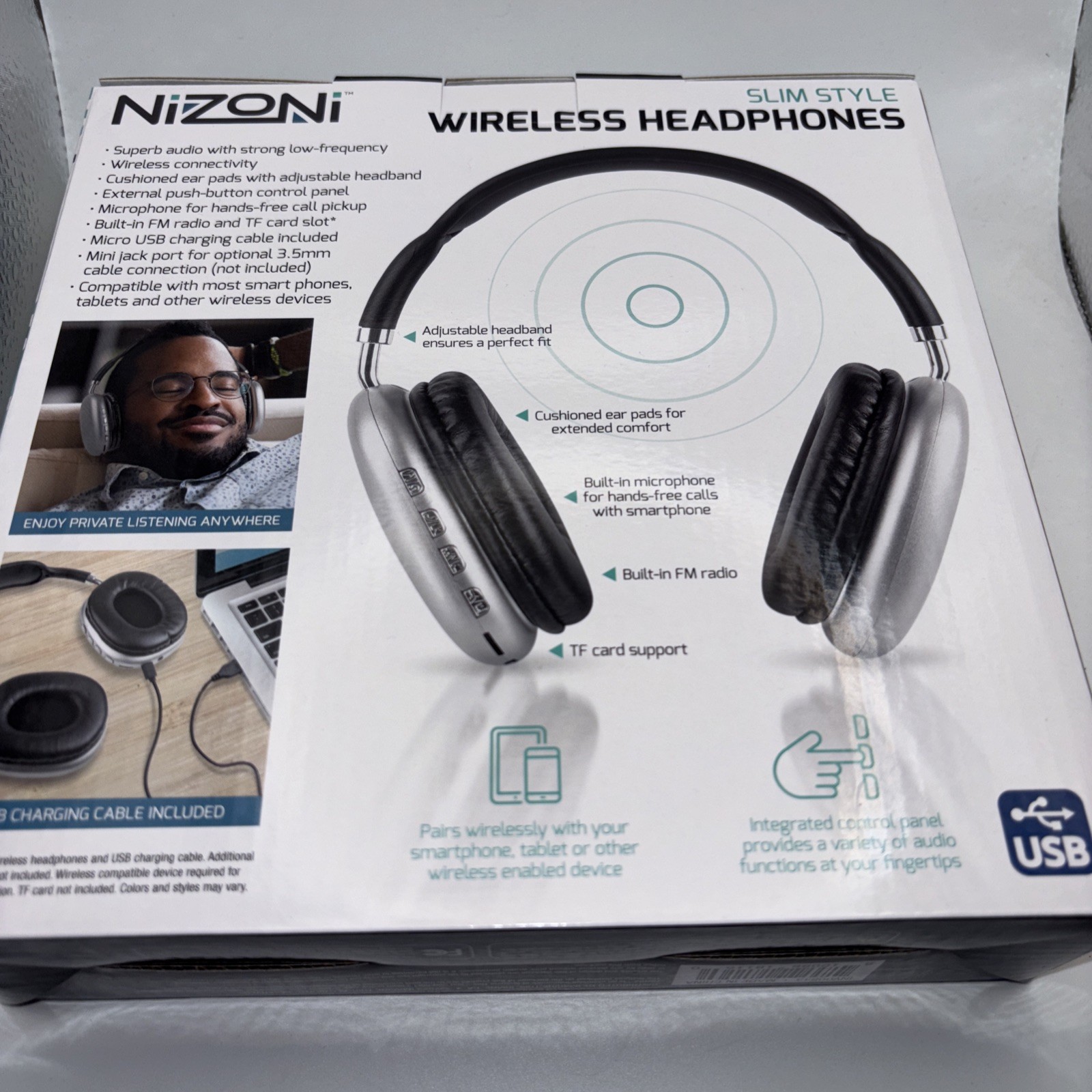 NEW Nizoni Wireless Headphones, Slim Style w/ built in radio, TF card slot