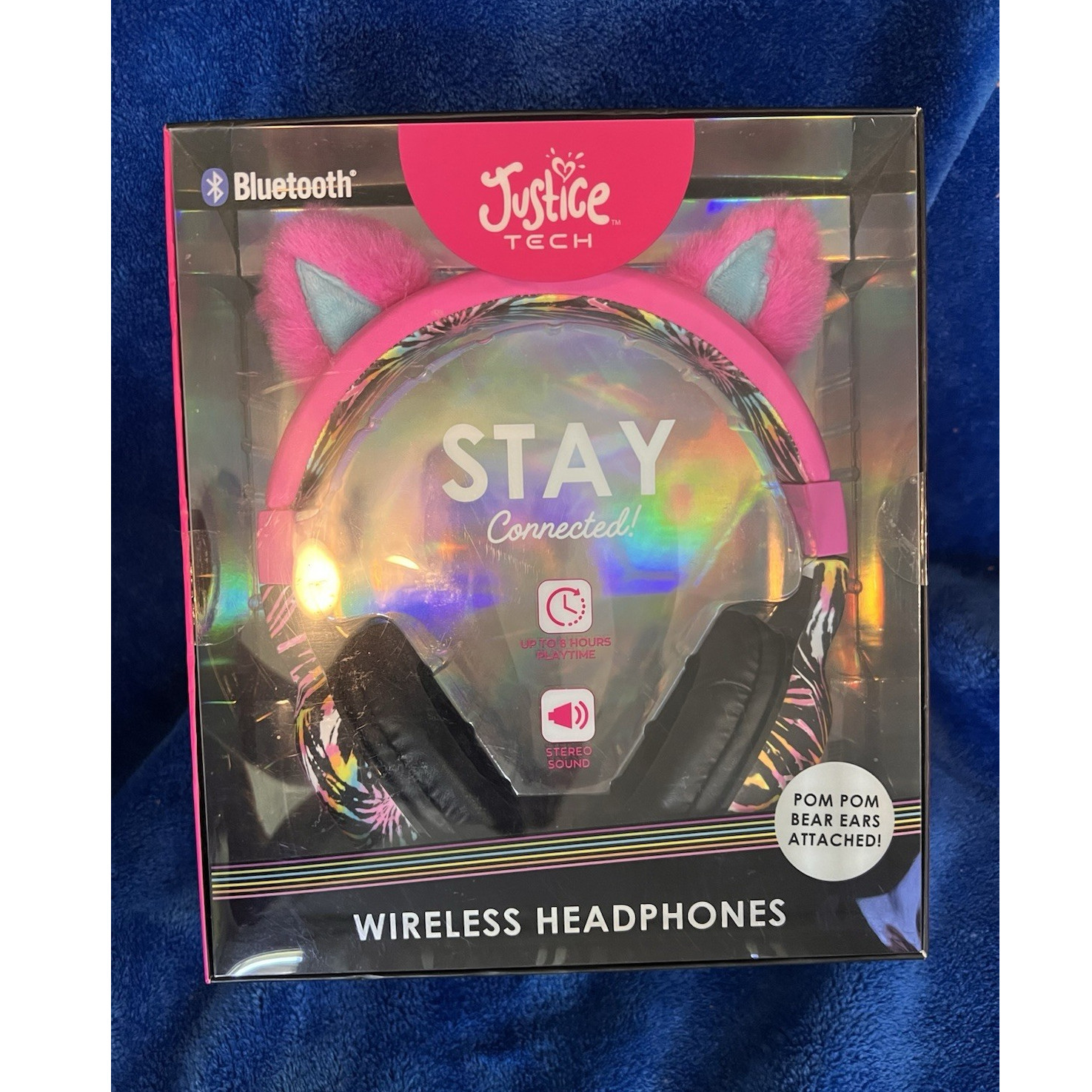 Justice Tech Bluetooth Wireless Headphones w/ Pom Pom Bear Ears, Pink, 40mm