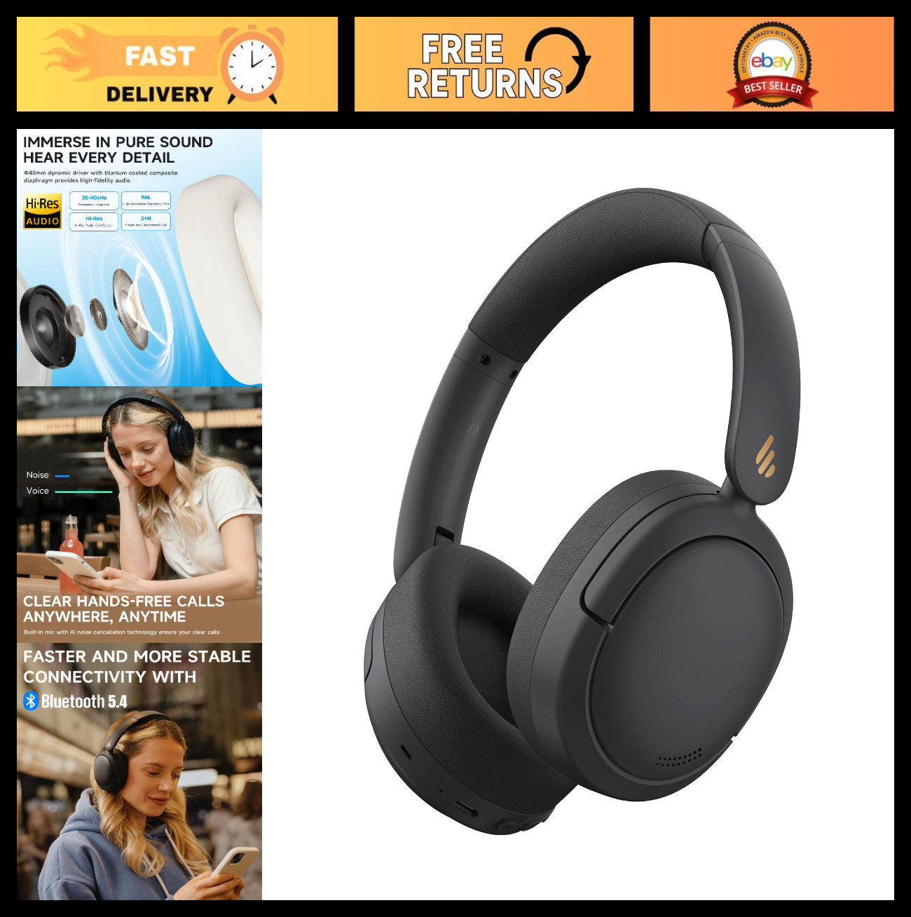 Wireless Over-Ear Headphones – Active Noise Cancelling, Hi-Res Audio, 45H Playti