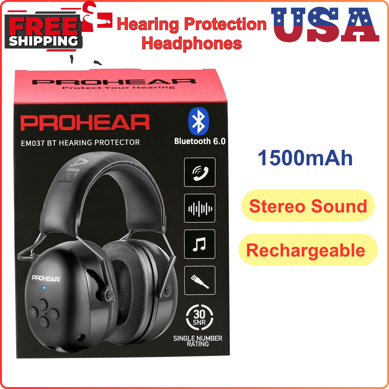 PROHEAR 037 Bluetooth 6.0 Hearing Protection Headphones W/ Rechargeable 1500mAh