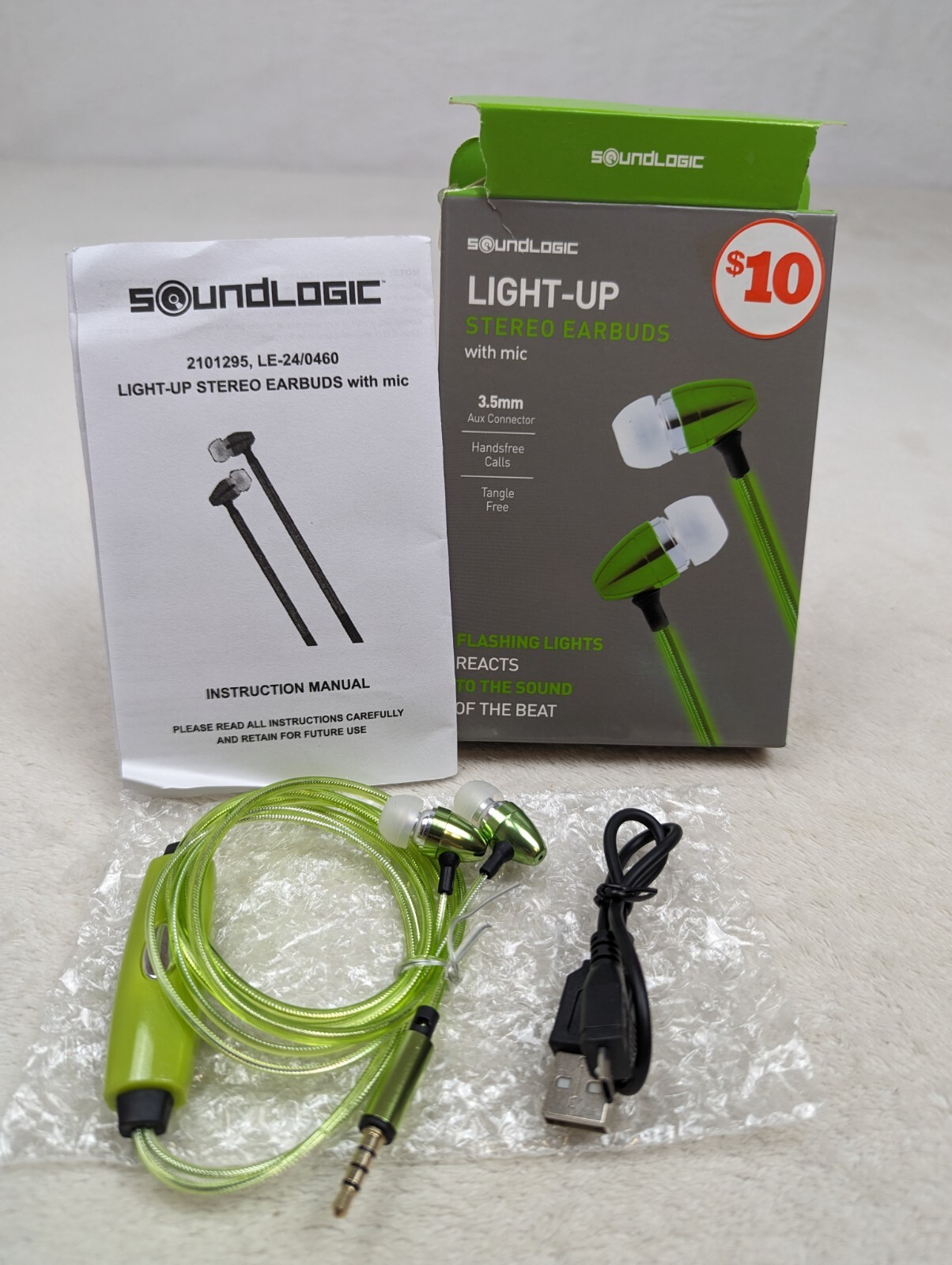 Green Soundlogic Light-Up Stereo Earbuds w/Mic Hands-free Calls Tangle Free 3.5