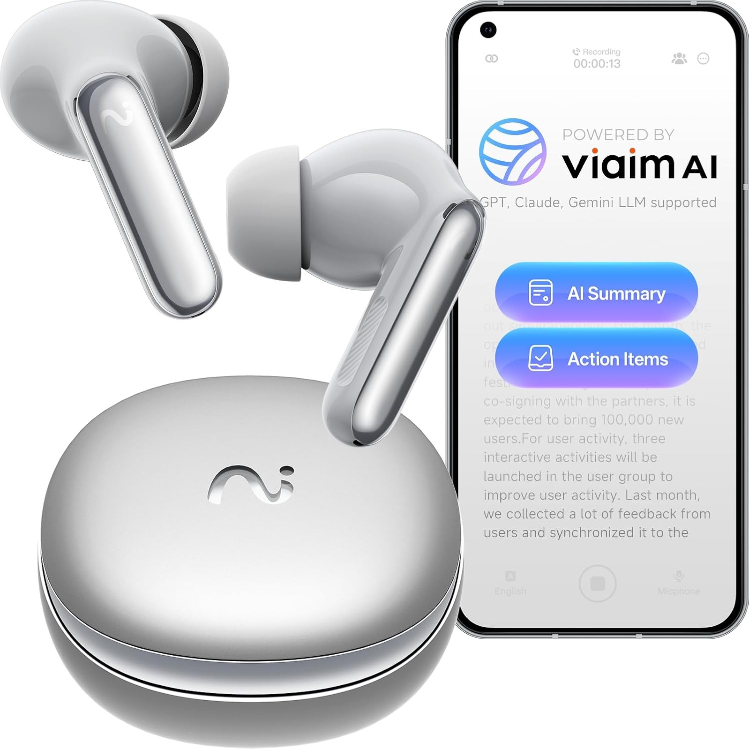 Viaim RecDot AI Voice Recorder Earbuds Silver Certified Refurbished