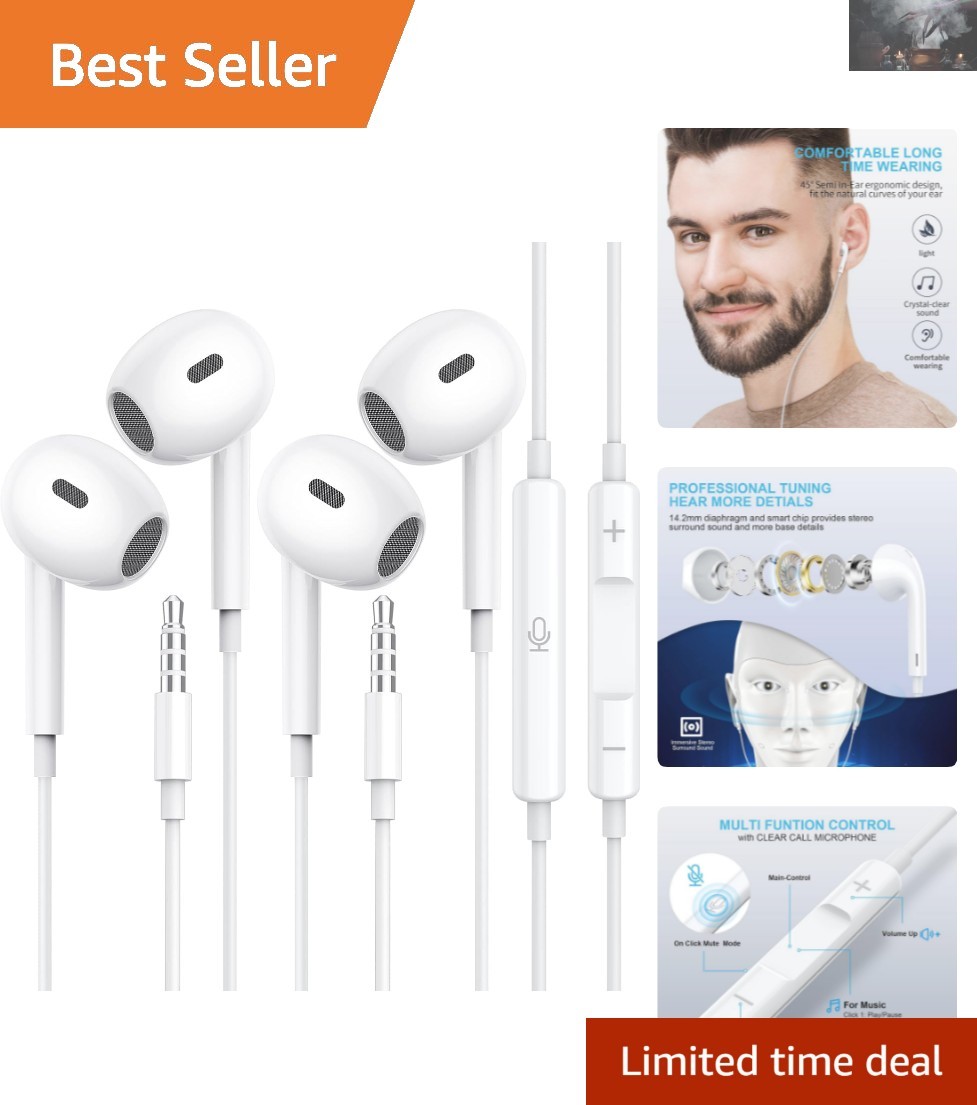 HiFi Stereo Wired Earbuds with Clear Mic for iPhone, Android & More – 2 Pack