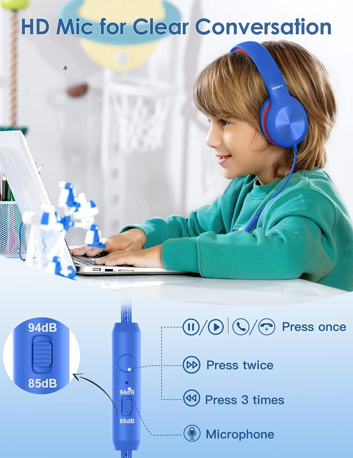 Kids Headphones with Microphone for School, 85dB Safe Volume Limit, Sharing
