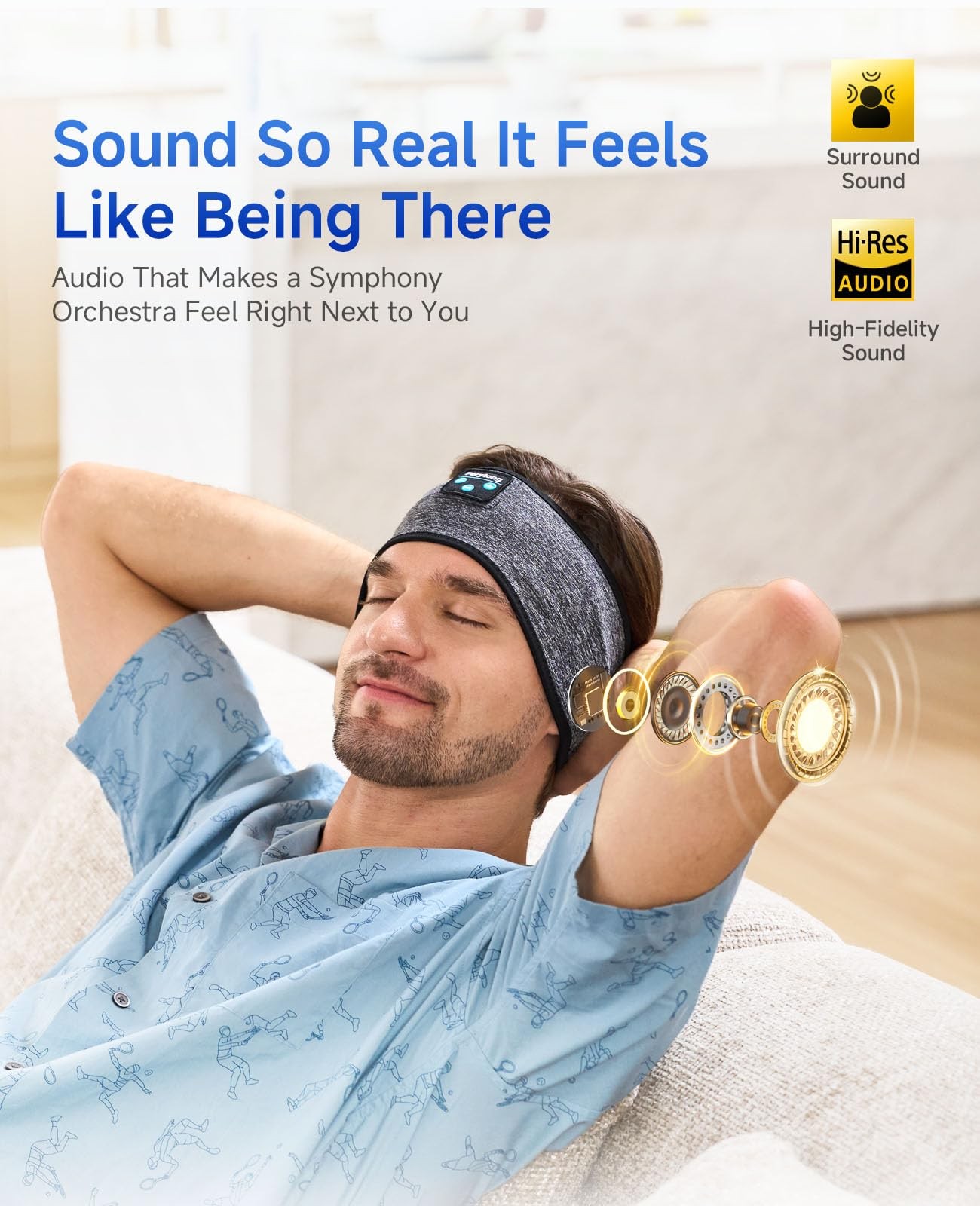 Bluetooth 5.4 Sleep Headphone Wireless Headband Side Sleeper SweatProof