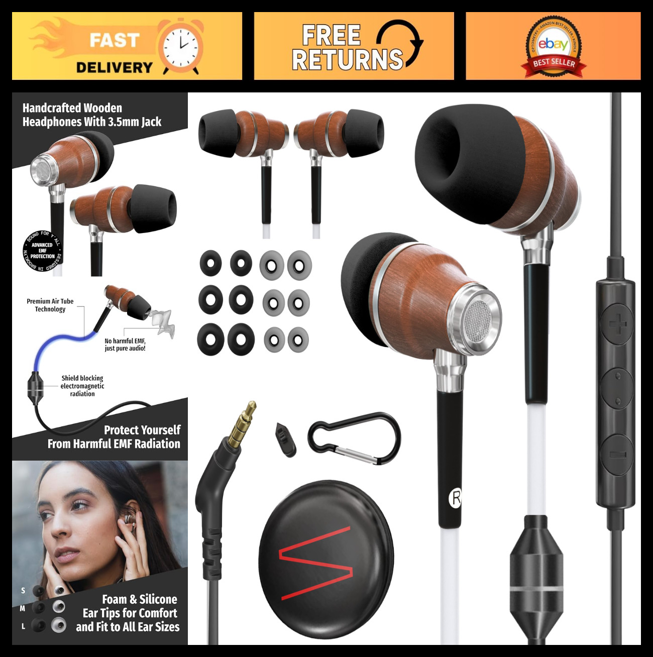 Premium Airtube Headphones, EMF Protection Earbuds, 3D Sound, Microphone, 8mm Ba