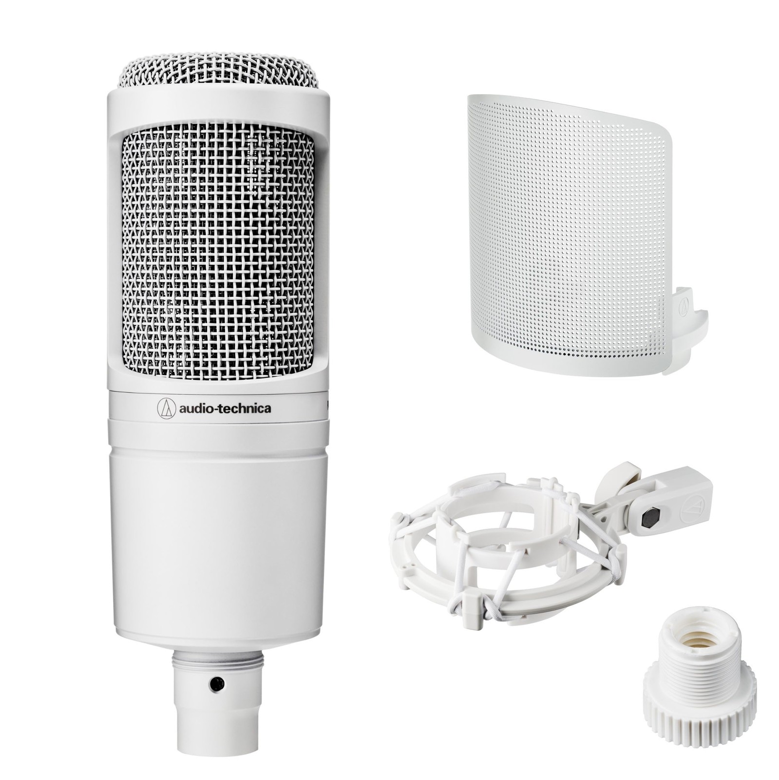Audio Technica AT2020 CWH Condenser Microphone XLR White Pop Filter Shock Mount