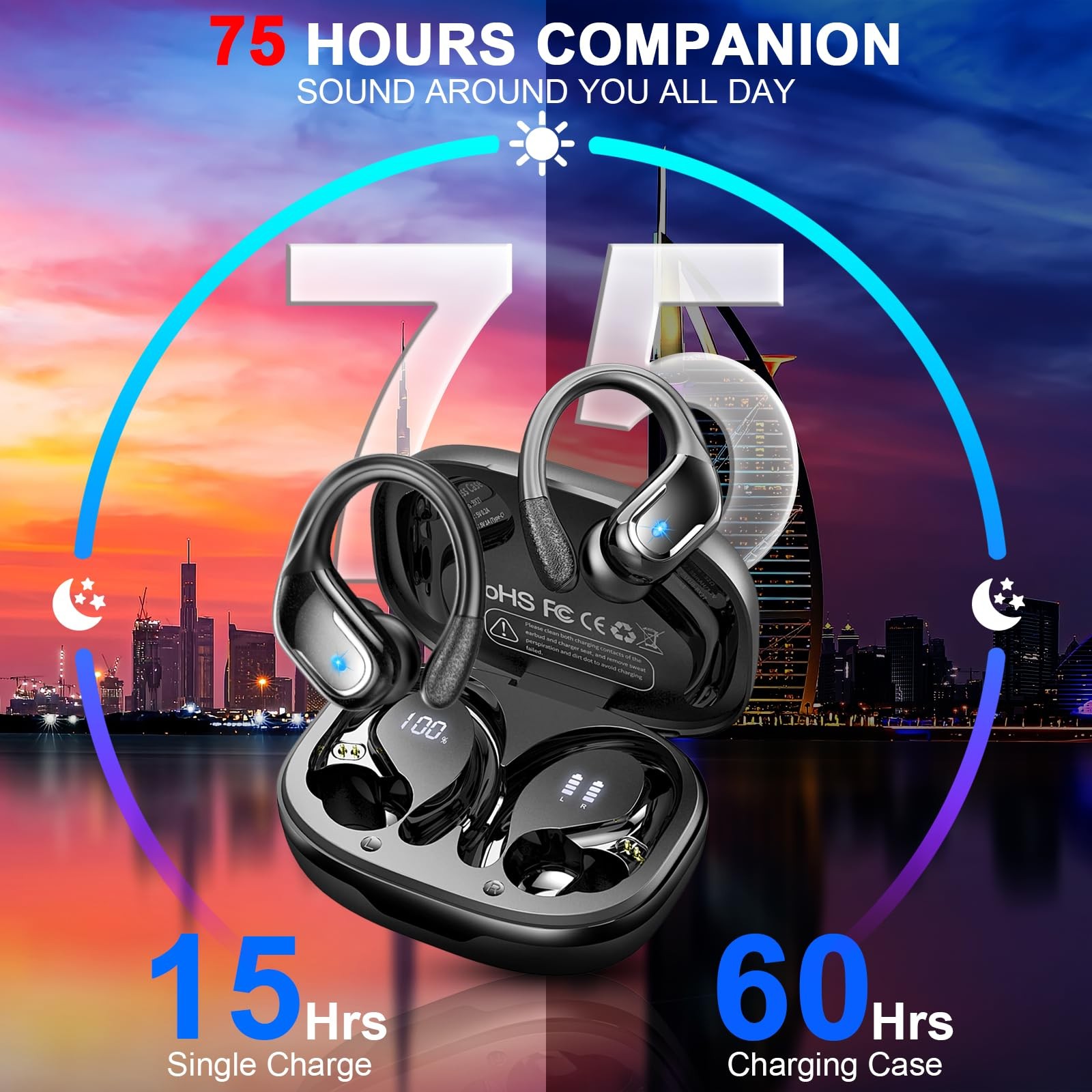 Wireless Earbuds Bluetooth 5.4 IP7 Waterproof Sport 75H ENC Earhooks from USA