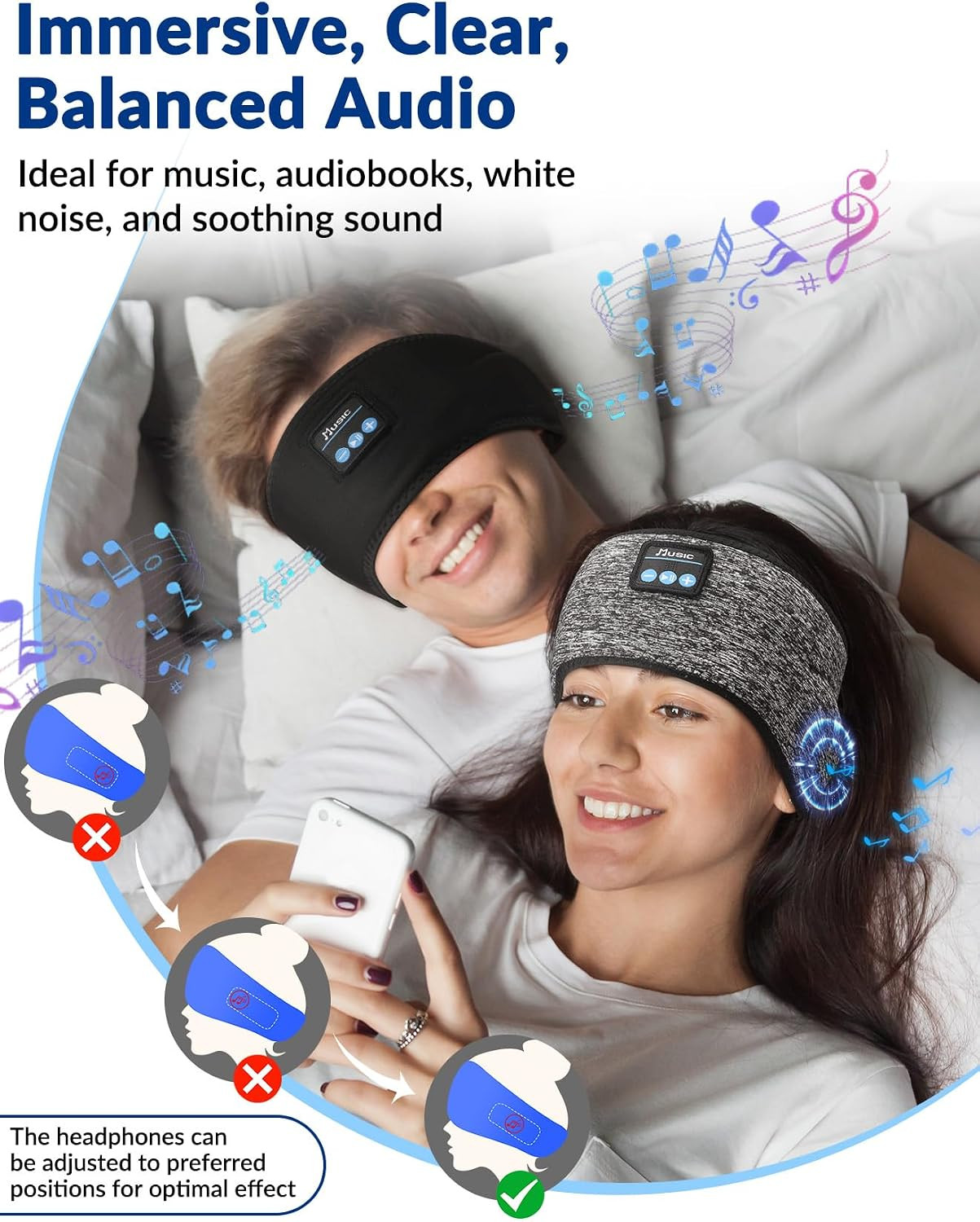 2-Pack Sleeping Headphones, Adjustable Hook-And-Loop, Bluetooth Headband Headpho