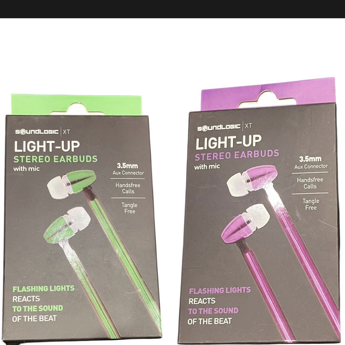 SoundLogic XT Light-Up Stereo Earbuds Mic 3.5mm Flashing Beat Reactive Purple
