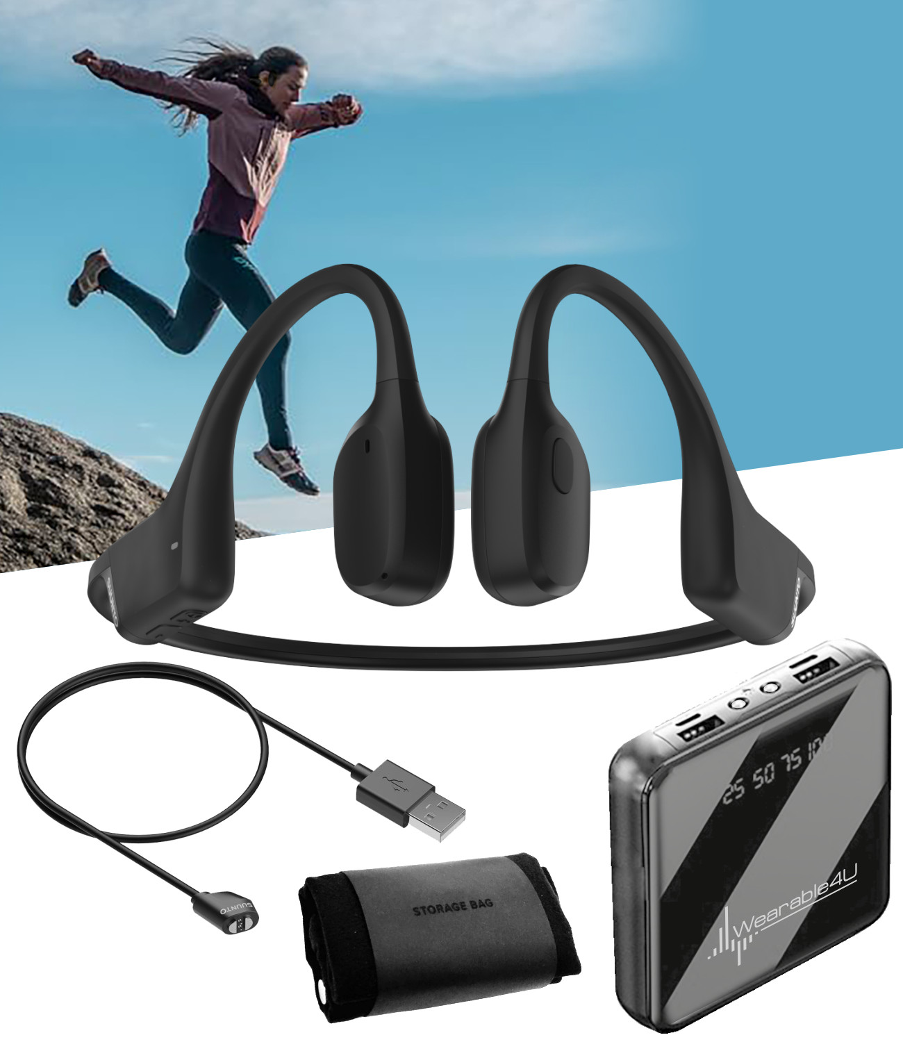 SUUNTO Sonic Open-Ear Bone Conduction Sports Headphone Black with Power Bank